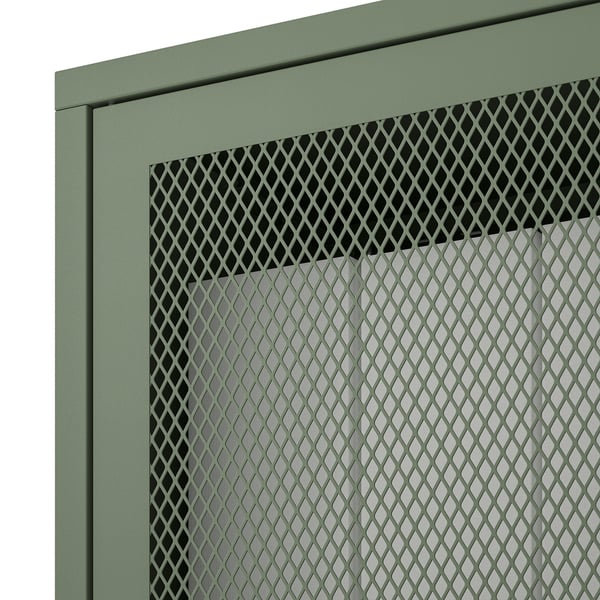 Green metal mesh cabinet close-up, showing robust design and precise mesh pattern.