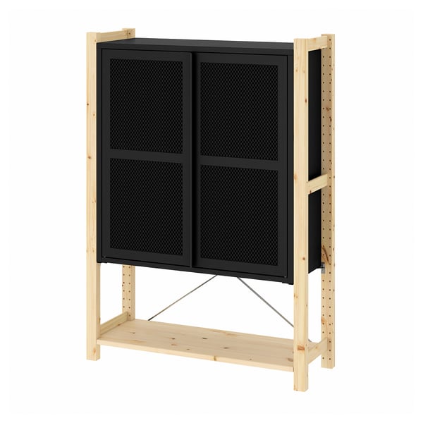 IVAR storage unit, black mesh doors, wood frame, rectangular, functional design.