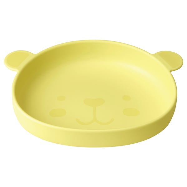 Yellow bear-shaped kids plate, round with ear handles, bpa-free plastic.