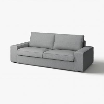 The KIVIK sofa is a grey, modern comfort design with low armrests and a removable, machine-washable cover, perfect for relaxation.