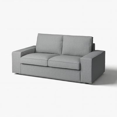 A grey KIVIK sofa with a soft, herringbone pattern, square shape, and clean design. Its made of recycled polyester fabric.