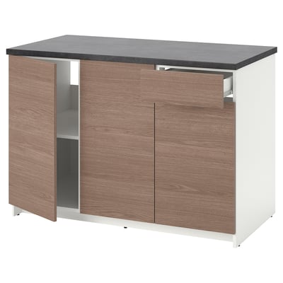 KNOXHULT kitchen island, light brown wood, with dark countertop, two open shelves, and one drawer.
