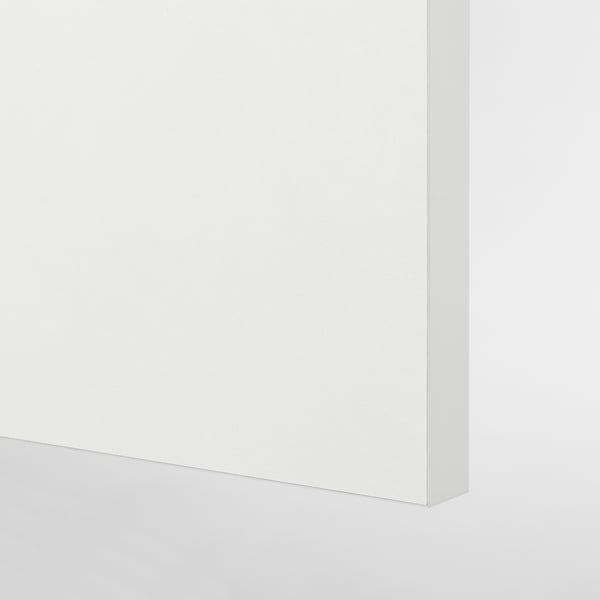 Shows corner of sleek, modern white cabinet, demonstrating clean lines & smooth surface.