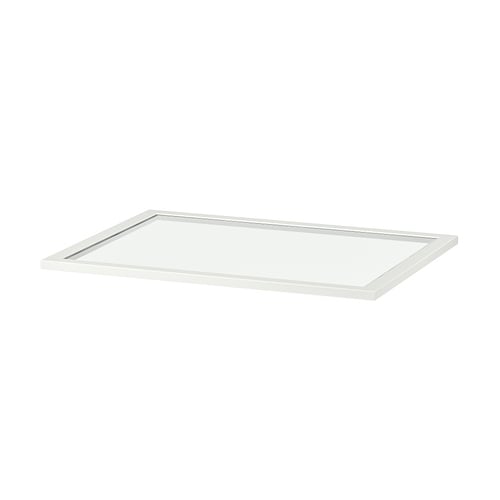 A KOMPLEMENT glass shelf in white. Its rectangular, with a fibreboard frame and tempered glass centre, designed for pax wardrobes.
