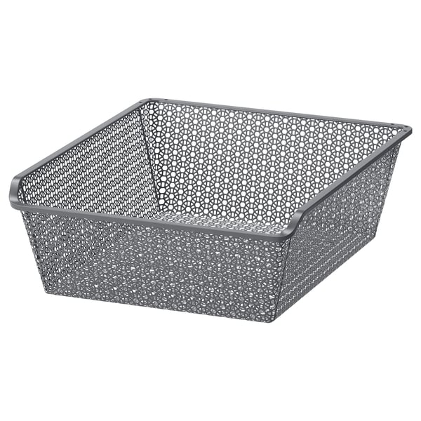 Grey mesh basket with square metal design.