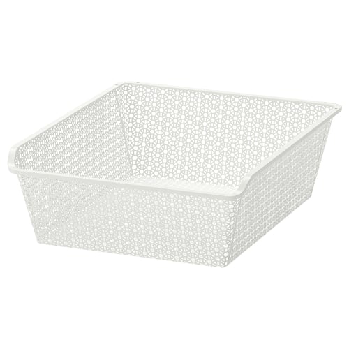 A white KOMPLEMENT metal mesh basket. Rectangular, it’s designed for storing clothes and accessories. The sides have a perforated pattern for airflow.