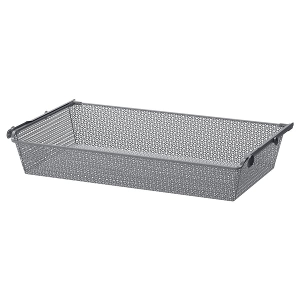 KOMPLEMENT metal basket for storage, grey, rectangular, perforated design with handles.