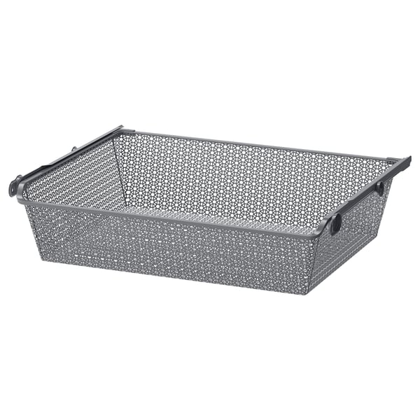 KOMPLEMENT metal mesh basket, grey. Rectangular shape with handles for easy pullout. Air-circulating design for clothes and accessories storage.