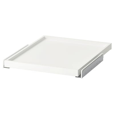 A white KOMPLEMENT pull-out tray with metallic sides for wardrobe storage.