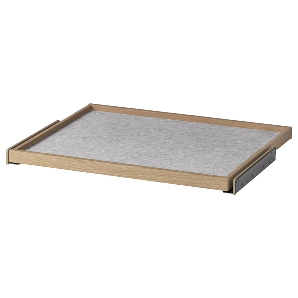 KOMPLEMENT pull-out tray: light oak, rectangular, with grey felt mat, modern design for wardrobe storage.