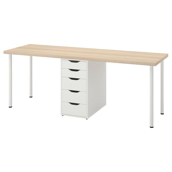 LAGKAPTEN: light wood desk with four drawers, four white legs, rectangular and minimalist design.