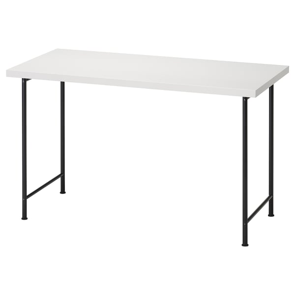 LAGKAPTEN desk: white top, black metal legs. Rectangular, modern design.