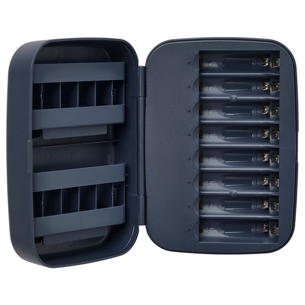 An open grey LITOSFÄR battery charger with slots for 8 rechargeable batteries.