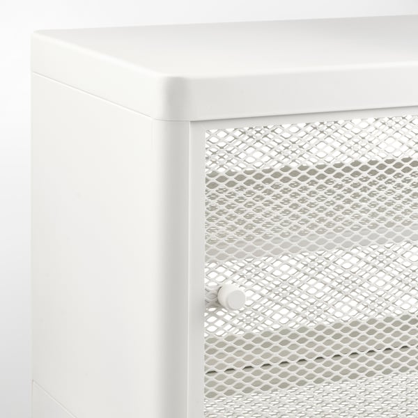 White metal storage cabinet with mesh door and sliding mechanism.