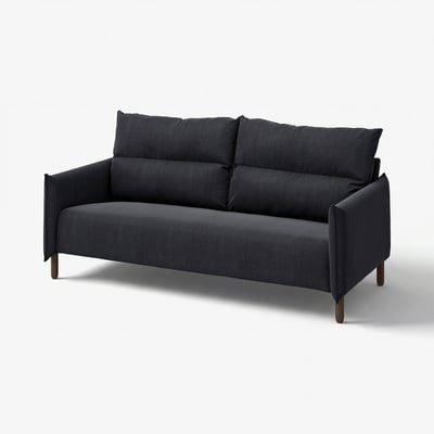Black MANNARP sofa, sleek modern design, cushy fabric, high backrest, wooden legs.