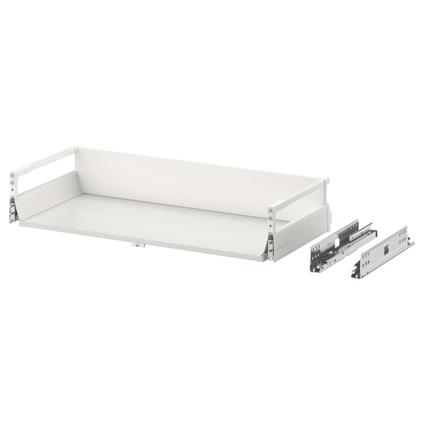 A white MAXIMERA drawer with metal runners, designed to slide out fully.