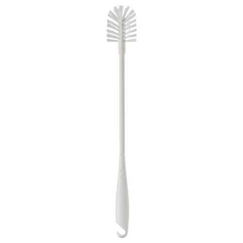 A white medevåg bottle brush. It a long handle and soft bristles for cleaning narrow jars.