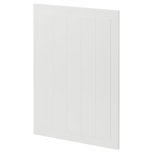 A white METOD kitchen cabinet door. It is rectangular with a smooth, painted finish and subtle vertical grooves.