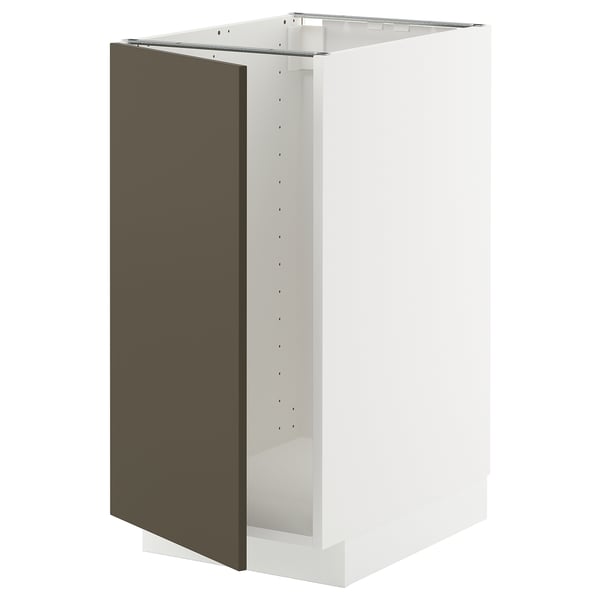 White METOD kitchen cabinet with dark brown door, adjustable shelving.