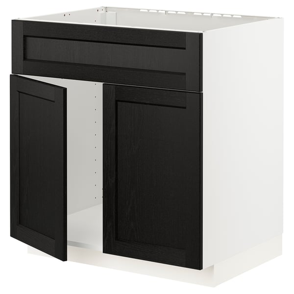 Modern black stained ash and white kitchen cabinet with bevelled edges.