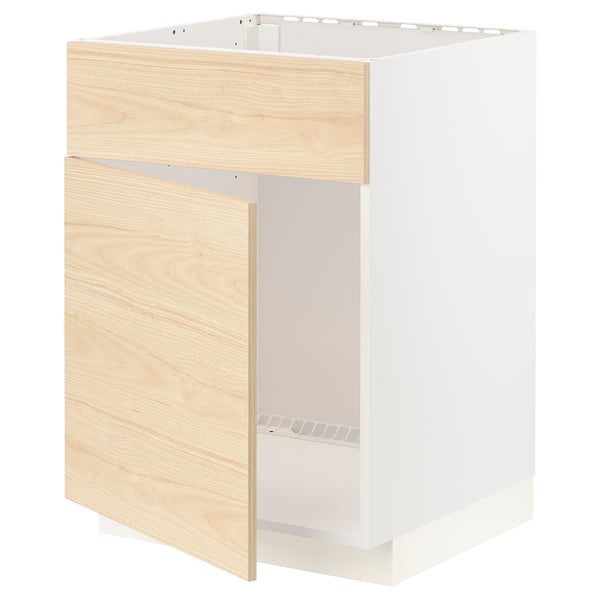 Modern kitchen cabinet, METOD series. White with light ash wood design, rectangular shape, sturdy frame.
