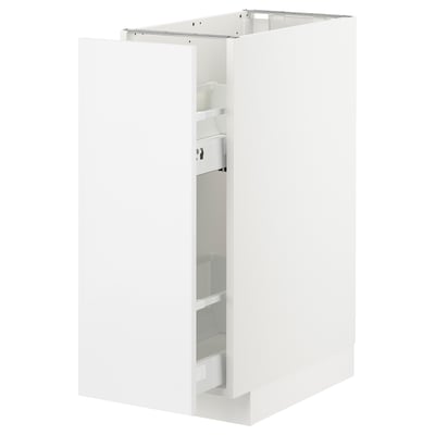 White METOD kitchen cabinet with glass shelves and pull-out drawer.
