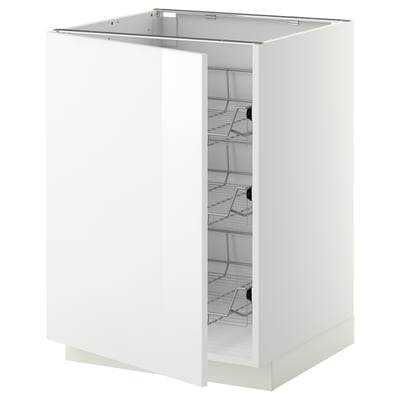 A white METOD kitchen cabinet with three wire shelves. The cabinet is open and has a modern, sleek design.