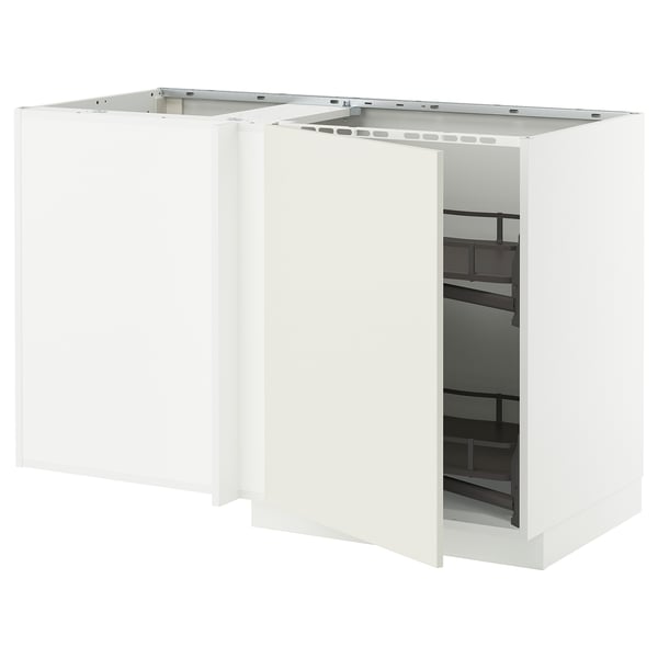 White METOD corner kitchen cabinet with pull-out shelves.