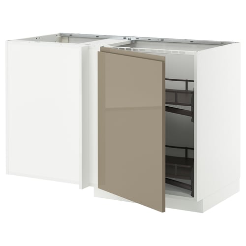 White METOD kitchen unit with two tan doors, one open revealing shelves.