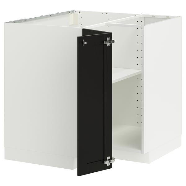 METOD kitchen unit: white cube, black door, bevelled edges, sturdy ash & particleboard structure.
