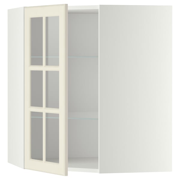 An off-white METOD kitchen cabinet with a glass door, featuring traditional design and adjustable shelves.