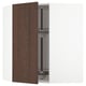 Wooden kitchen cabinet door, dark brown, open, with metal hinge, white background.