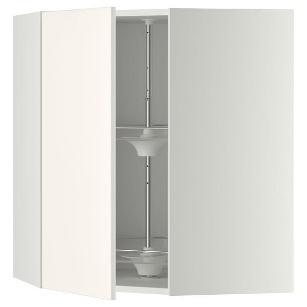 A white METOD corner kitchen cabinet with a carousel. Its a sleek, modern design with a sturdy frame and adjustable shelves.