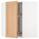 An open light wood-colored kitchen cabinet with an adjustable glass shelf and internal storage carousel.