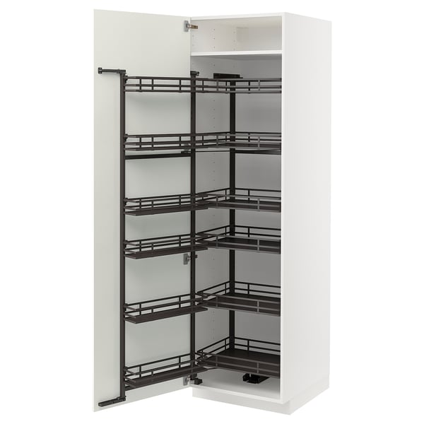White METOD kitchen cabinet with black pull-out shelves.