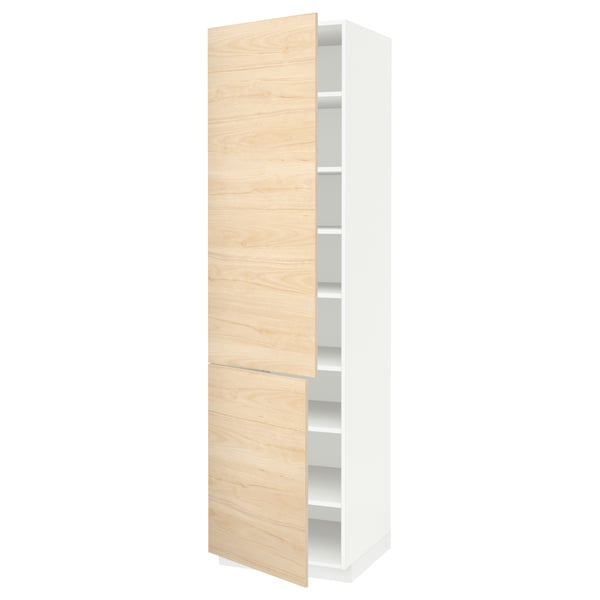 Modern white and light wood tall cabinet with adjustable shelves.