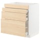 A white and light wood-colored kitchen cabinet with multiple drawers.