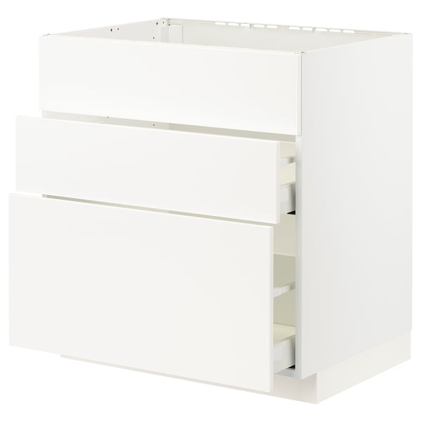 White METOD kitchen unit with veddinge fronts, 3 smooth drawers.