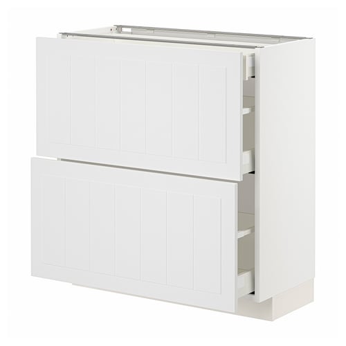 METOD kitchen cabinet in white with two drawers and two doors, featuring a smooth, rectangular design and sturdy particleboard construction.