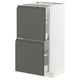 Modern, sleek kitchen cabinet, white and dark grey, with integrated handles, smooth push-to-open drawers.