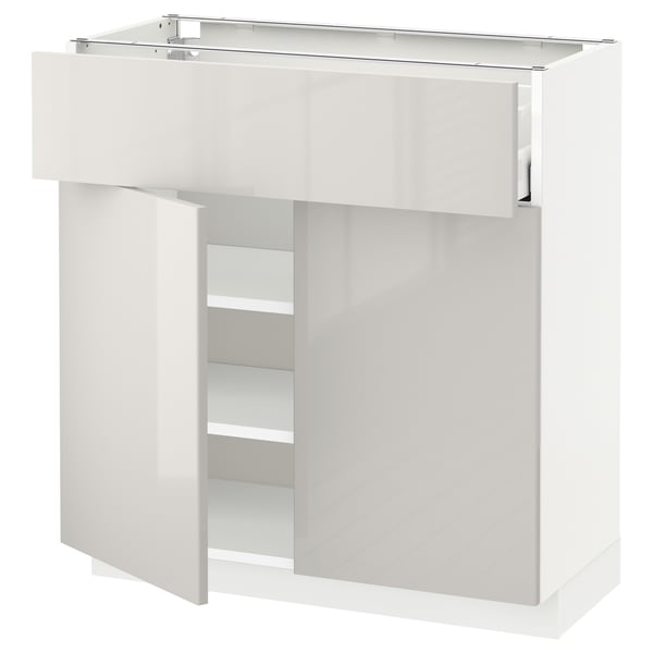 METOD white kitchen cabinet, high gloss, rectangular, with shelves.