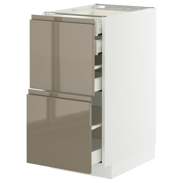 Modern kitchen cabinet, white with dark grey-brown metallic drawers, sleek design, high gloss finish.