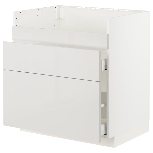 METOD white cabinet: modern, glossy, rectangular, three drawers, slim handles, clean lines.