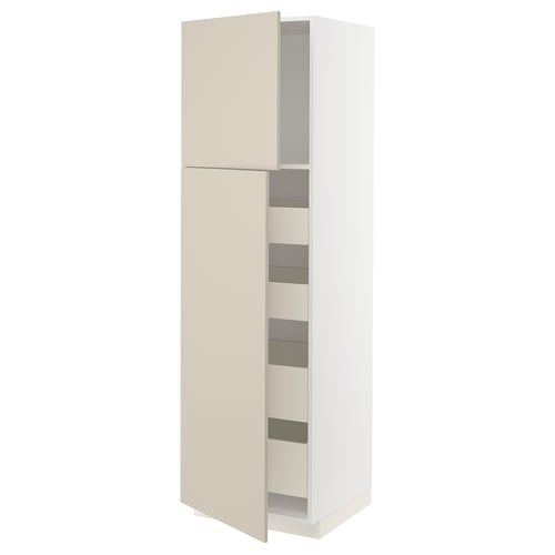 A white METOD kitchen cabinet with beige doors, featuring multiple shelves inside.