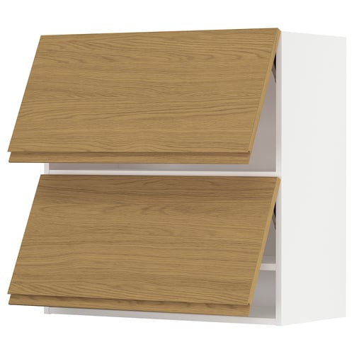 Modern kitchen cabinets, light wood, two shelves.