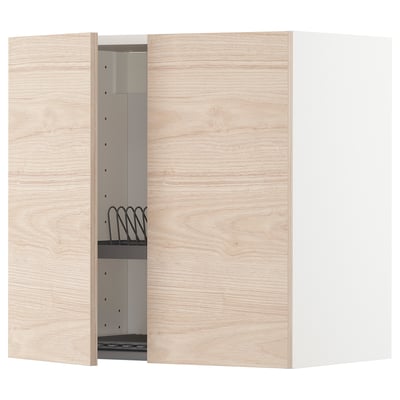 A light ash-colored METOD kitchen cabinet with one door open, revealing an adjustable shelf and a steel dish drainer.