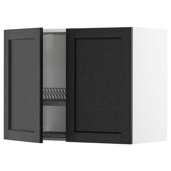 Modern black wooden wall cabinet with open door revealing metal rack, part of ikea METOD kitchen system.