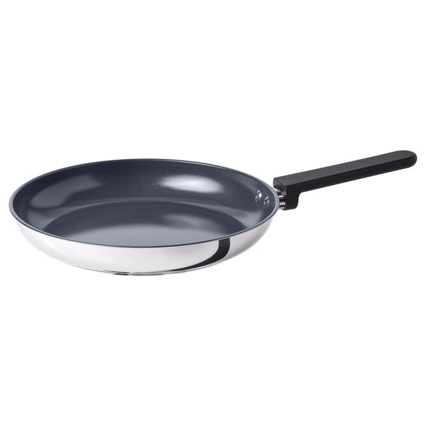 Midagsmat frying pan, silver with black handle, stainless steel base, round shape, non-stick coating.