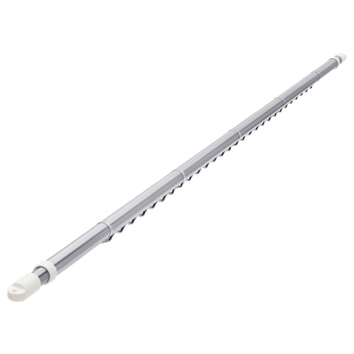 MODONG extendable silver stainless steel clothes rod with white plastic caps.