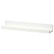A white MOSSLANDA wall shelf. Its a rectangular shape with a groove for holding items. Made of fibreboard and paper foil.